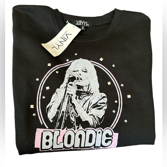 Vinyl Blondie Graphic Sweatshirt Black Crew Neck‎ Rhinestone Fringe Back - Picture 3 of 8